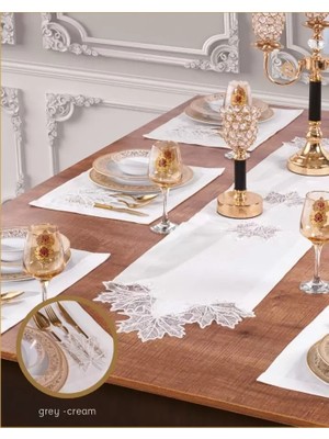 Ceki Home Çınar Keten Yemek Takımı Masa Seti 6 Kişilik 7 Parça Supla Runner Set Krem