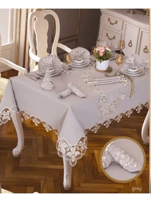 Ceki Home Karanfil Gardenya Keten Yemek Takımı Masa Seti 12 Kişilik 26 Parça Supla Runner Set Gri