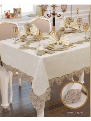Ceki Home Angles Flora El Işi Yemek Takımı 17 Parça Masa Seti 8 Kişilik Supla Runner Set Krem-Gold