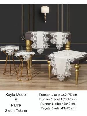 Ceki Home Salon Takımı 5 Parça Keten Masa Örtüsü Runner Seti Çeyizlik Kayla Model No 22252 Krem-Gold