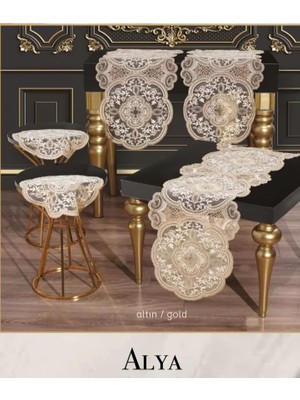 Ceki Home Salon Takımı 5 Parça Dantelli Masa Örtüsü Runner Seti Alya Model - Gold