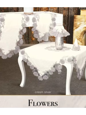 Ceki Home Salon Takımı 5 Parça Keten Dantelli Masa Örtüsü Runner Seti Çeyizlik Flowers Model No 255 Bej