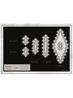 Ceki Home Salon Takımı 5 Parça Keten Dantelli Masa Örtüsü Runner Seti Çeyizlik Linya Model No 2 Krem-Krem