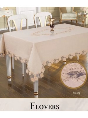 Ceki Home Keten 3D Işlemeli Tek Masa Örtüsü 160X260CM Dantelli Yemek Masası Örtüsü Flowers Model Kapiçino