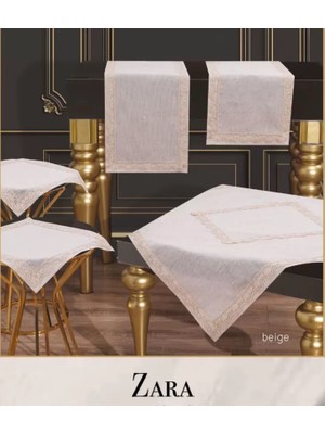 Ceki Home Zara Model Bej Çeyizlik Dantelli Keten Masa Örtüsü Runner Seti 5 Parça Salon Takımı