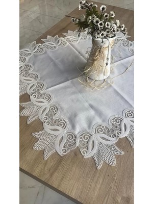 Ceki Home Kayla Kreme Krem 88x88 cm Fransız Dantel Detaylı Kare Sehpa Örtüsü Şık Tasarım