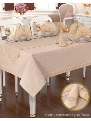 Ceki Home Zara Linen Yemek Takımı Masa Seti 12 Kişilik 26 Parça Supla Runner Set Kapiçino