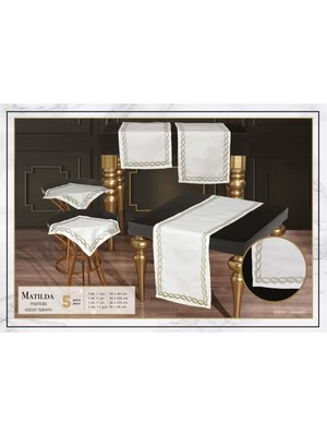 Ceki Home Salon Takımı 5 Parça Keten Masa Örtüsü Runner Seti Çeyizlik Matilda Model Krem-Gümüş