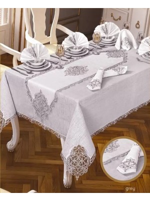 Ceki Home Elegant Linen Krem-Gümüş 12 Kişilik 26 Parça Supla Runner Şık Premium Sofra Masa Takımı
