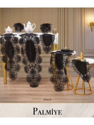 Ceki Home Salon Takımı 5 Parça Keten Masa Örtüsü Runner Seti Çeyizlik Palmiye Model No 70804 Siyah