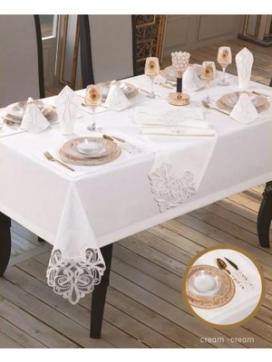 Ceki Home Taç Keten Krem-Krem 12 Kişilik 26 Parça 160 × 220 cm Şık Premium Sofra Takımı