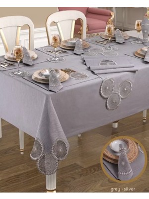 Ceki Home Planet Amerikan Servisli Yemek Takımı Masa Seti 8 Kişilik 34 Parça Supla Runner Set Gri-Silver