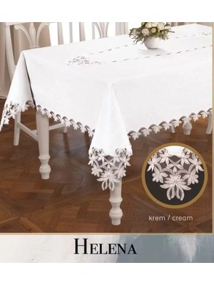 Ceki Home Keten Tek Masa Örtüsü Tablecloth 155X260 cm Dantelli Yemek Masası Örtüsü Helena Model Krem