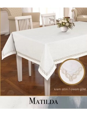 Ceki Home 155x300 cm Matilda Krem-Altın Model Keten Masa Örtüsü Zarif Yemek Masası Dekoru