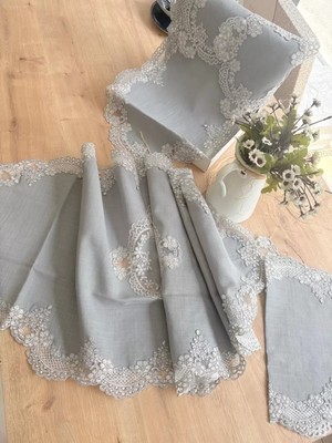 Ceki Home Salon Takımı 5 Parça Keten Dantelli Masa Örtüsü Runner Seti Çeyizlik Firuze Model No 486745Gri