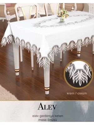 Ceki Home Gardenya Keten Tek Masa Örtüsü 160x260 cm Dantelli Yemek Masası Örtüsü Alev Model Krem