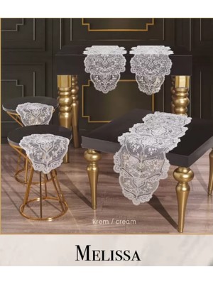 Ceki Home Melissa Model Krem 5 Parça Dantel Masa Örtüsü Runner Seti Salon Takımı