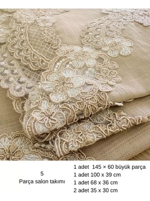 Ceki Home Salon Takımı 5 Parça Keten Dantelli Masa Örtüsü Runner Seti Çeyizlik Firuze Model No 888 Kapiçino