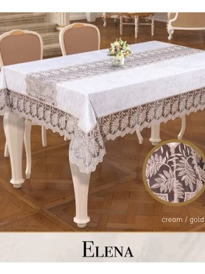 Ceki Home Keten Işlemeli Masa Örtüsü 160X220 cm Dantelli Yemek Masası Örtüsü Elena Model Krem-Gold