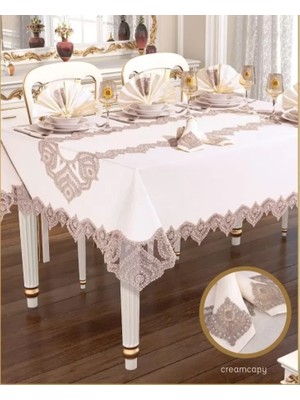 Ceki Home Kartanesi Gardenya Keten Yemek Takımı Masa Seti 12 Kişilik 26 Parça Supla Runner Set Krem-Kapiçino