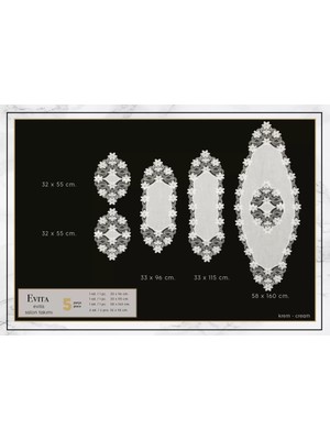 Ceki Home Salon Takımı 5 Parça Keten Dantelli Masa Örtüsü Runner Seti Evita Mode No 6859 -Krem-Krem