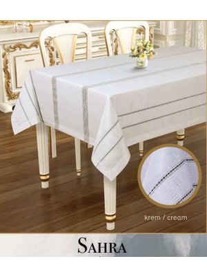 Ceki Home Sahra Krem 160X260 cm Dantelli Ajurlu Keten Masa Örtüsü Yemek Masası Dekoru
