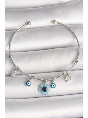 AyrStore Pirinç Gümüş Renk Sallantı Zirkon Taşlı Nazar Boncuk Figür Charm Kadın Bileklik
