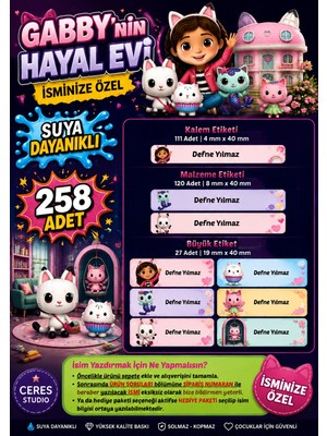 Ceres Studio Okul Etiketi Kalem Defter Isimli Etiket Isim Yazılabilen Gabby Temalı - 258 Adet Özel Yeni Tasarım