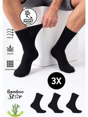 Bamboo Star Erkek Bambu Siyah Diyabetik Dikişsiz Şeker Hastası Çorabı Sıkmaz Iz Bırakmaz Premium 3' Lü Paket