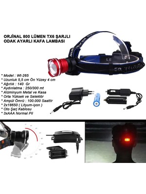 Orjinal 800 Lümen T6 Şarjlı Kafa Feneri  WT-265