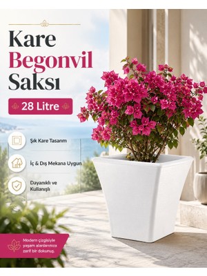 Hep İndirimli 38CM Kare Begonvil Beyaz Saksı - 28 Litre Beton Görünümlü Plastik Saksı Drenaj Izgaralı Çiçek Saksısı