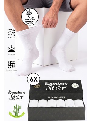 Bamboo Star Rkek Bambu Beyaz Diyabetik Dikişsiz Şeker Hastası Çorabı Sıkmaz Iz Bırakmaz Premium Kutulu 6'lı Paket
