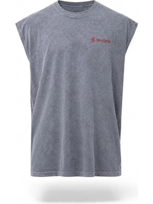 Shock Man Shock Sportswear Erkek Kolsuz Fitness Tişörtü Asit Gri Metalik Kırmızı Logo M