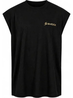 Shock Man Shock Sportswear Erkek Kolsuz Fitness Tişörtü Siyah Metalik Gold Logo Xl
