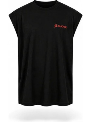 Shock Man Shock Sportswear Erkek Kolsuz Fitness Tişörtü Siyah Metalik Kırmızı Logo L