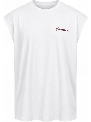 Shock Man Shock Sportswear Erkek Kolsuz Fitness Tişörtü Beyaz Metalik Kırmızı Logo Xl