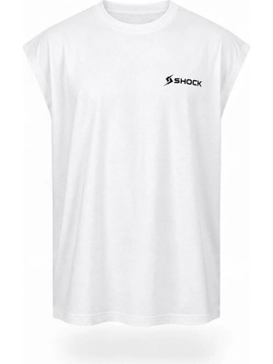 Shock Man Shock Sportswear Erkek Kolsuz Fitness Tişörtü Beyaz Metalik Siyah Logo 2xl