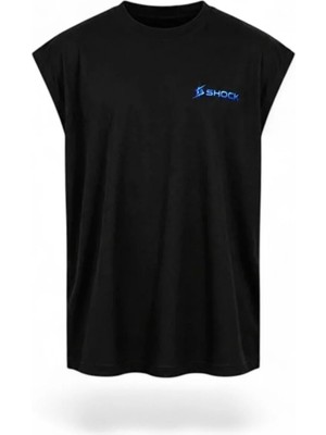 Shock Man Shock Sportswear Erkek Kolsuz Fitness Tişörtü Siyah Metalik Mavi Logo M
