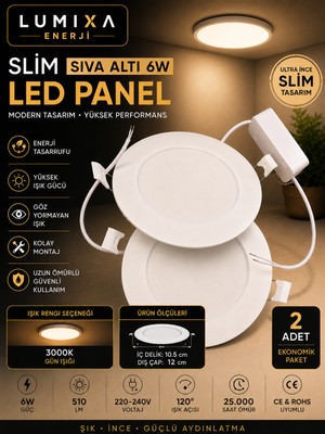 Lumixa Enerji 6W Slim LED Spot Panel Yuvarlak 3,5" (Delik:10,5cm DIŞ:12CM) Günışığı 3000K 2 Adet