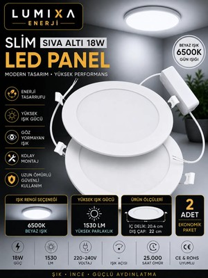 Lumixa Enerji 18W Slim Panel LED Spot Beyaz Işık Iç Çap 20,4 cm Dış Çap 22 cm 1530 Lümen 2 Adet Beyaz 6500K