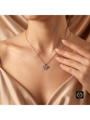 Stainless Steel Vıp Seri 316L Çelik Gümüş Renk Romantik Pembe Taşlı Fiyonk Zarif Kadın Kolye