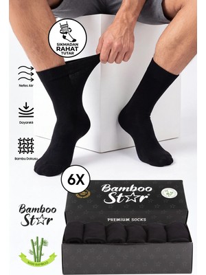 Bamboo Star Erkek Bambu Siyah Diyabetik Dikişsiz Şeker Hastası Çorabı Sıkmaz Iz Bırakmaz Premium Kutulu 6'lı Paket