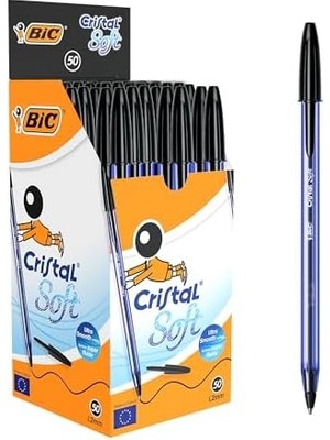 Soft Tükenmez Kalem, Siyah, 50'li Kutu, 1.2 mm Orta Kalınlıkta Uç, Şeffaf Gövde, Delikli Kapak