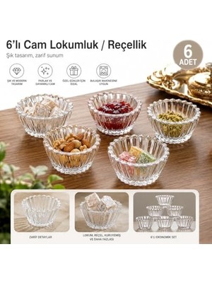 6'lı Cam Lokumluk Reçellik Seti – Şeffaf Desenli Cam Kase Takımı, Lokum, Reçel, Kuruyemiş ve Sos Sunumluk, Şık Servis Kasesi