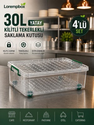 Lorempbox 4’lü 30 L Tekerlekli Kilitli Saklama Kutusu – Yatay Şeffaf Düzenleme Seti | Cafe, Restoran, Pastane ve Oteller Için