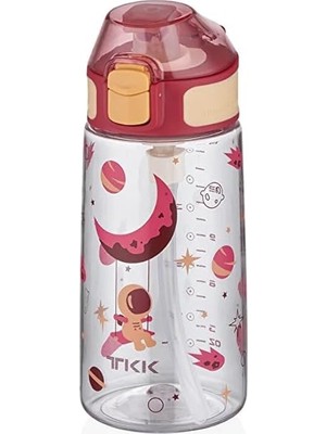 New Global Tkk 500ML Silikon Pipetli Kilitlenebilir Kapak Desenli Sızdırmaz Su Matarası (Kırmızı)