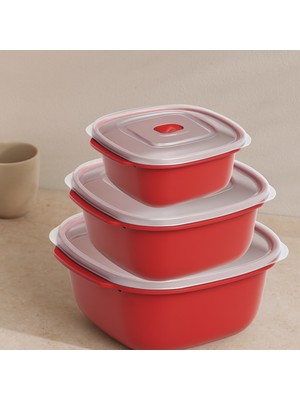 Kırmızı Kare Saklama Kabı Seti 3'lü (550/1100/2200 Ml)