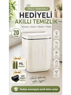 Aesco Sensörlü Çöp Kovası 20 Litre Antibakteriyel Uv Işık Çöp Torbası Sabitleyici Aparat 4 Pil Hediyeli
