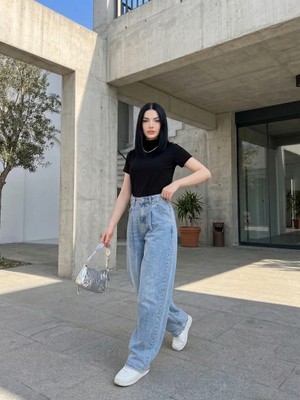 Shevega Kadın Mavi Yüksek Bel Yan Cepli Baggy Jeans Salaş Kot Pantolon