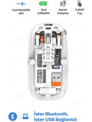 Aesco Bluetooth USB Çift Modlu Sessiz Mouse, Şeffaf Mıknatıslı Kapaklı, Type-C Şarjlı, Dpı Ayarlı, Kablosuz 10M Çekim Mesafeli, Masaüstü Kısayol Tuşlu, Taşınabilir Şarjlı Mouse Beyaz